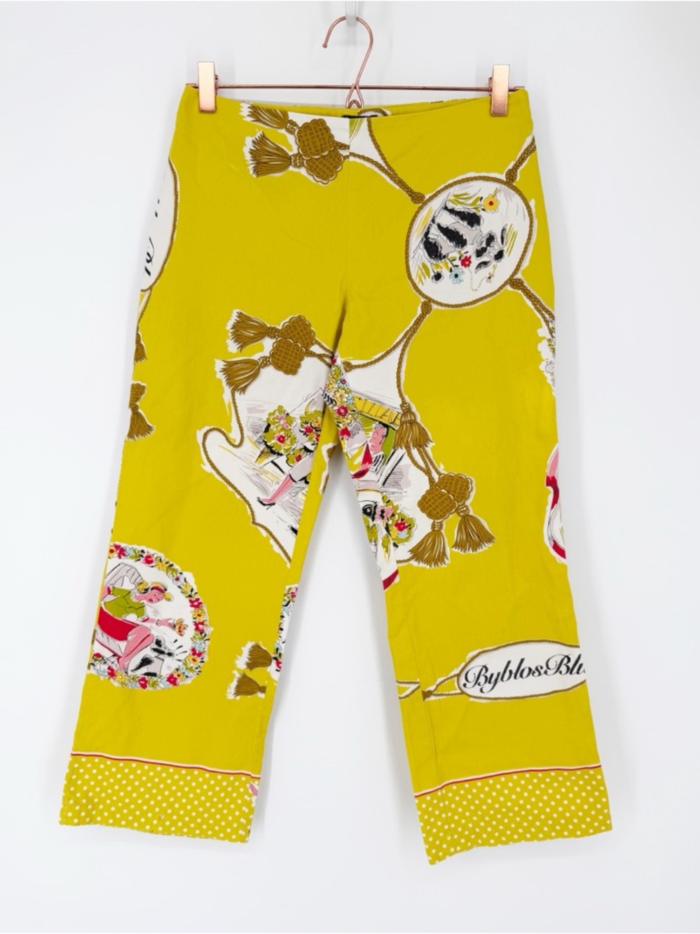 Byblos Blue 8 US Capri Pants Italy Whimsical Italian Yellow Cotton